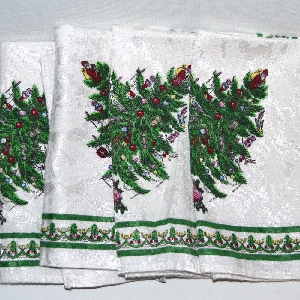 Vintage Spode Christmas Tree 4 Cloth Napkins Green Design With Holly Holiday